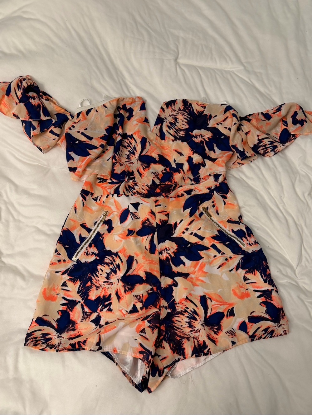 Bebe Floral Off-Shoulder Romper - Navy & Peach